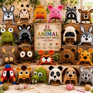 May include: A collection of twenty-one crocheted animal hats displayed on wooden stands, featuring designs like a zebra, tiger, panda, and pig. A central sign reads 21 IN 1 ANIMAL CROCHET HAT PATTERN with icons for designs, instructions, and skill levels.