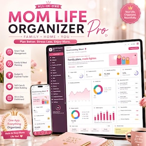 Mom Planner HTML Family Organizer, Home Management Dashboard, Meal Budget Habit Tracker, Kids Planner, Life Command Center