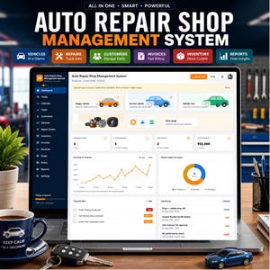 May include: A laptop screen displaying an Auto Repair Shop Management System dashboard with various data widgets, charts, and task lists. The interface includes icons for vehicles, repairs, customers, invoices, inventory, and reports.