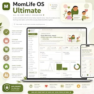 May include: A digital family organizer dashboard titled MomLife OS Ultimate displayed on a laptop and smartphone screen. The interface features sections for tasks, routines, calendar, meals, budget, and family contacts with a soft green color palette.