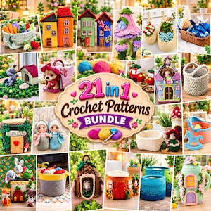 Puede incluir: Un collage de 21 patrones de ganchillo con casas, cestas, muñecos y figuras de animales de lana de colores. El texto central dice 21 in 1 Crochet Patterns BUNDLE, rodeado de ovillos. Incluye contenedores texturizados y estructuras decorativas.