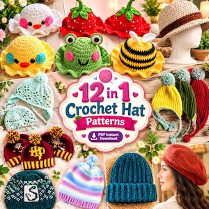 12 Crochet Hat Pattern Bundle Beanie Bucket Baby Hat Hood Chunky Floral Bow Winter Hats PDF Download Adult Kids Crochet Patterns Maker