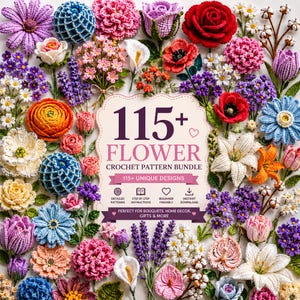 Könnte beinhalten: Eine Sammlung verschiedener gehäkelter Blumen in leuchtenden Farben wie Rot, Pink, Lila, Blau, Orange, Gelb und Weiß, die ein zentrales Schild mit der Aufschrift 115+ FLOWER CROCHET PATTERN BUNDLE sowie weiteren Texten und Symbolen umgeben.