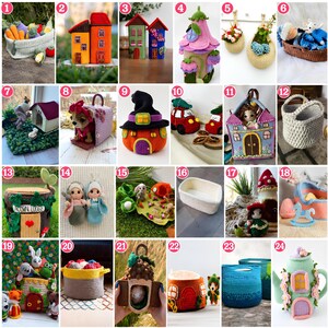 Peut inclure: Une collection de vingt-quatre articles en crochet variés, incluant des maisons décoratives, des paniers, des petites figurines d'animaux et des ensembles de jeu thématiques. Chaque pièce présente un travail de fil complexe, des couleurs vives et des textures détaillées.