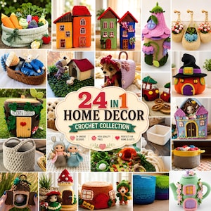 Puede incluir: Una colección de 24 artículos de decoración para el hogar tejidos a ganchillo, incluyendo cestas, casas en miniatura, muñecos y recipientes decorativos. Los artículos presentan varios colores y texturas, con una etiqueta central 24 IN 1 HOME DECOR CROCHET COLLECTION.