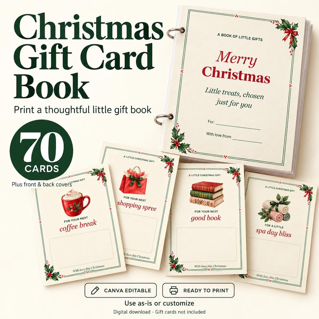 Christmas Gift Card Book Printable, 70 Holder Designs, Editable Canva ...