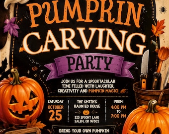 May include: A Halloween pumpkin carving party flyer featuring a black background with orange text reading PUMPKIN CARVING PARTY. It includes illustrations of jack-o'-lanterns, a ghost, a witch hat, autumn leaves, a candle, and a mug of cocoa.