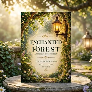 May include: A rectangular invitation card featuring the text ENCHANTED FOREST A MAGICAL CELEBRATION, YOUR EVENT NAME, DATE, TIME, and LOCATIO. The design displays a glowing lantern hanging in a lush, vine-covered archway over a stone path.