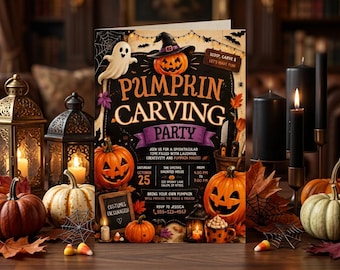 Może przedstawiać: Prostokątne zaproszenie na imprezę Halloween z napisem PUMPKIN CARVING PARTY, duchem, dynią w kapeluszu czarownicy oraz innymi dyniami. Karta zawiera szczegóły wydarzenia, datę, godzinę i miejsce na ciemnym tle.
