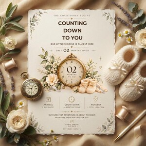 Puede incluir: Una tarjeta de anuncio color crema con el texto "THE COUNTDOWN BEGINS COUNTING DOWN TO YOU" y "02 MONTHS TO GO", que presenta un reloj de bolsillo dorado, ilustraciones florales y un par de pequeños patucos de bebé tejidos.