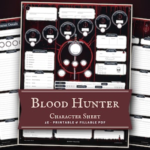 Può includere: Una scheda del personaggio in PDF stampabile e compilabile per Blood Hunter, con sfondo nero, schizzi di sangue rossi, caselle di testo bianche e una spada centrale. Il testo recita Blood Hunter Character Sheet 5E.
