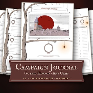 May include: A printable campaign journal booklet featuring a gothic horror theme. The cover displays a graveyard scene with a large red sun, a church, and tree branches. Text includes "Campaign Journal", "Gothic Horror", and "Any Class".