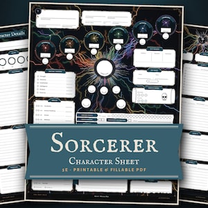 May include: A printable and fillable character sheet for a sorcerer in 5E, featuring a black background with colorful lightning patterns, white text boxes, and labels including Character Details, Strength, Dexterity, and Hit Points.