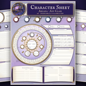 May include: A printable and fillable PDF character sheet for 5E tabletop games. The document features a light purple background with gold accents, a central circular stat tracker, and sections for attacks, spellcasting, and personality traits.