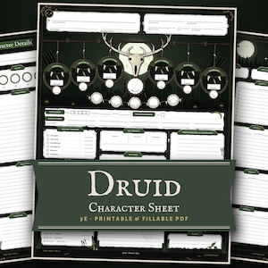 May include: A dark green and white printable character sheet for a tabletop role-playing game. The design features a central animal skull illustration, circular stat trackers, and text reading Druid Character Sheet 5E - Printable & Fillable PDF.