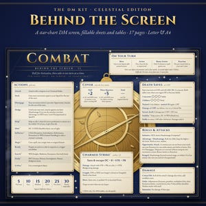 May include: A dark blue DM screen titled Behind the Screen Celestial Edition featuring gold celestial graphics. The layout includes sections for Combat, Actions, Cover, Death Saves, Rolls, Attacks, and Damage with clear text and tables.