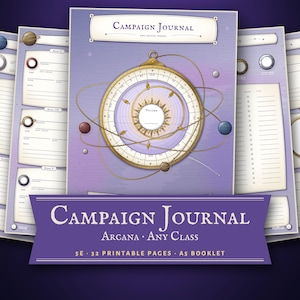 May include: A purple Campaign Journal booklet with 32 printable A5 pages. The cover features a gold celestial astrolabe illustration and the text Campaign Journal Arcana Any Class. Several interior pages with circular icons are fanned out behind.