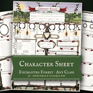 Op de afbeelding: Een printbaar karakterblad voor rollenspellen met een betoverd bosthema, boomtakken, lantaarns en rode paddenstoelen. De tekst luidt Character Record, Character Sheet, Enchanted Forest, Any Class, 5E, Printable & Fillable PDF.