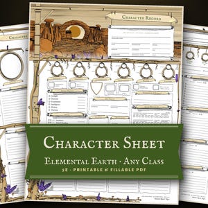 Può includere: Una scheda del personaggio stampabile per giochi di ruolo da tavolo con un tema terra elementale. Il design include un'illustrazione di un paesaggio desertico, caselle di testo in stile pergamena e cristalli viola. Il testo include Character Record, Elemental Earth, Any Class e 5E.
