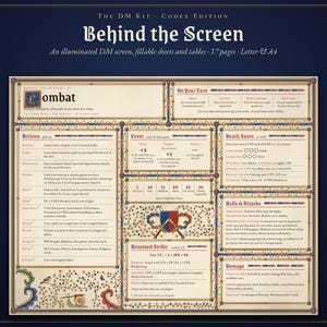May include: A rectangular game master screen titled Behind the Screen, The DM Kit - Codex Edition. The cream-colored page features detailed sections for combat, actions, cover, death saves, rolls, attacks, and damage with ornate floral borders.