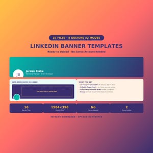 LinkedIn-Banner-Vorlage: 16 Designs, bearbeitbar (PowerPoint) | Hell-/Dunkelmodus | Kein Canva erforderlich | Leitfaden für sichere Bereiche | Sofort-Download