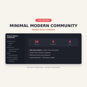 May include: A digital Discord server template titled Minimal Modern Community Lite Edition. The interface displays 38 channels, 9 categories, and 6 roles. Features include one-click install, pre-configured staff permissions, and a PDF guide.