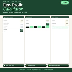 May include: A digital spreadsheet tool titled Etsy Profit Calculator by Loomledger. The interface features three columns: Per-Listing Calculator, Shop Dashboard with a bar chart, and Fee Settings. It includes fields for sales, fees, and margins.