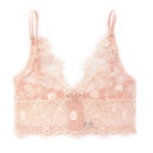 May include: A delicate pink lace bralette with adjustable straps and a scalloped hem.