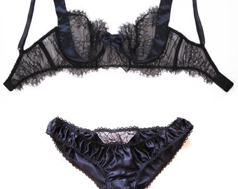 Silk and lace bra and panties, Black Chantilly Lace and navy silk lingerie Set