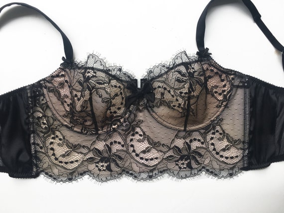 Lace Longline Bra in Black French Chantilly Lace Satin Silk | Etsy