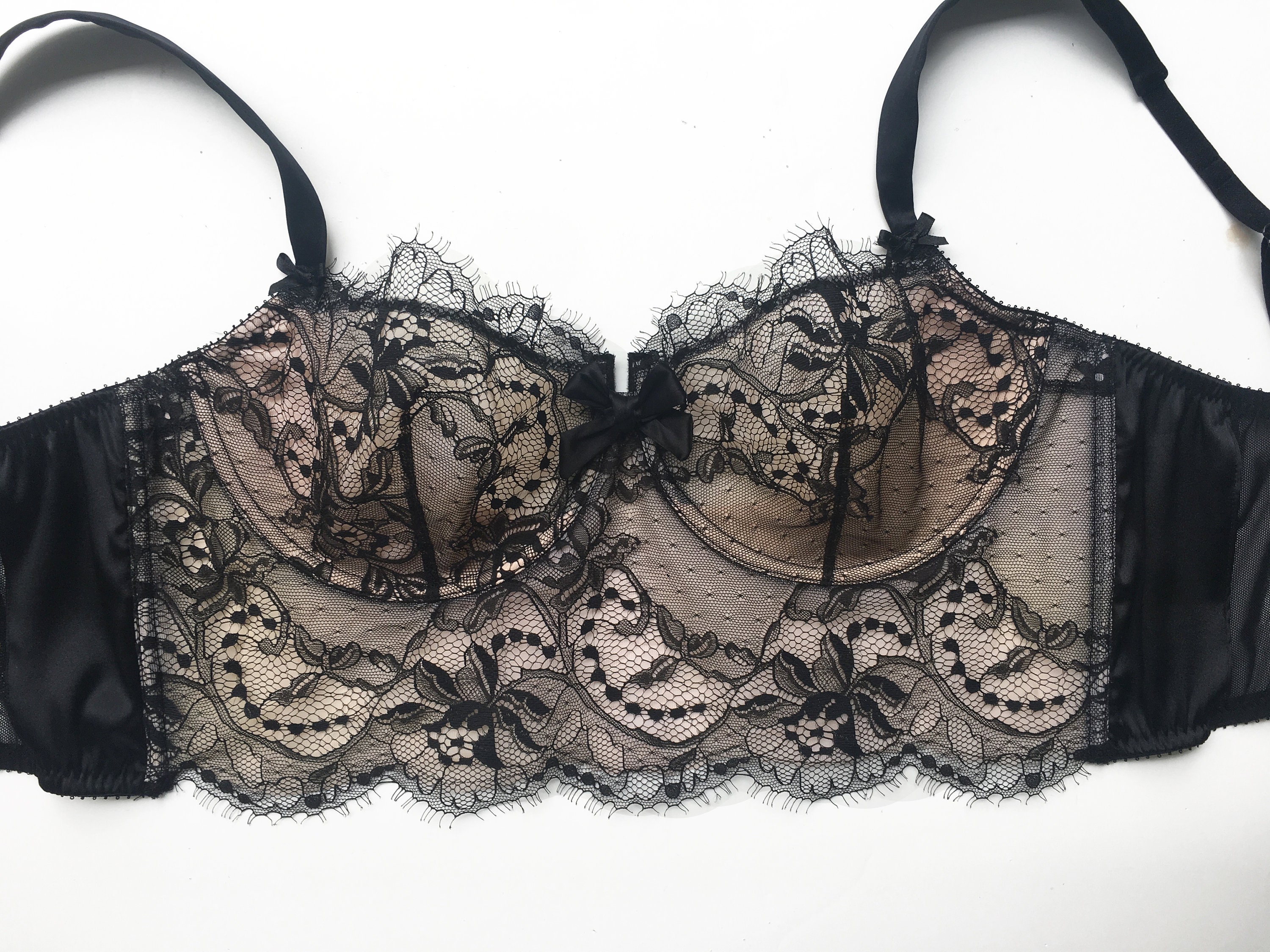 Lace Longline Bra in Black French Chantilly Lace, Satin Silk and Nude  Lining -  Canada