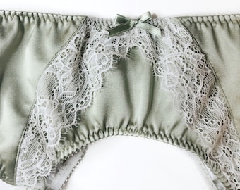 Kousenband - Groene kousenband met ivoor kant - Zijden kousenband - zijden lingerie