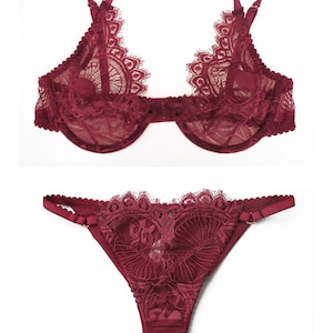 Valentine's gift for her Dark Red lace bra and tanga set in chantilly art deco lace image 1