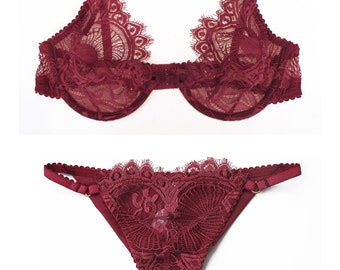 Valentine's gift for her- Dark Red lace bra and tanga set in chantilly art deco lace