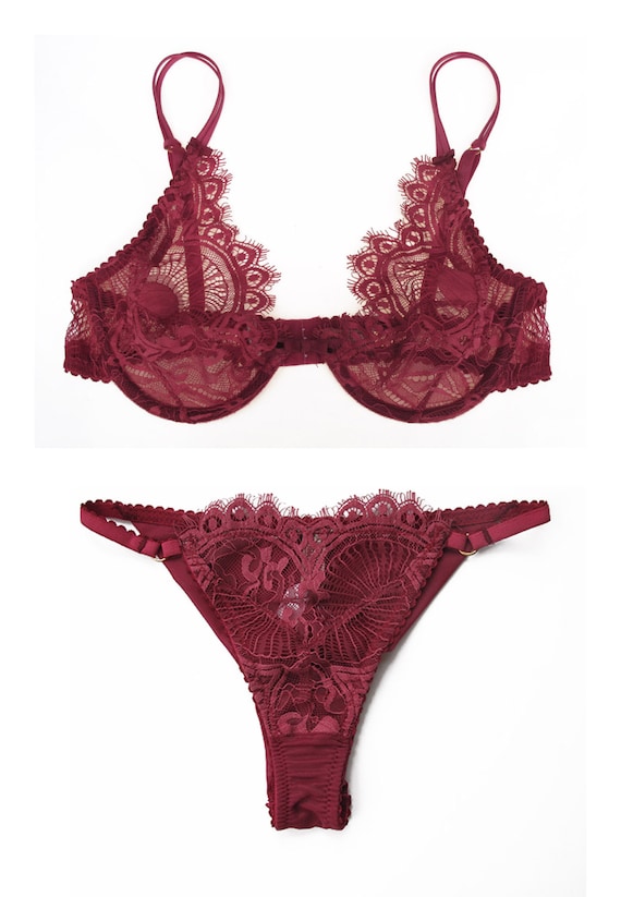 Valentine's Gift for Her Dark Red Lace Bra and Tanga Set in