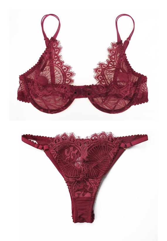 Valentine's Gift for Her Dark Red Lace Bra and Tanga Set in Chantilly Art  Deco Lace -  Canada