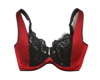 Lace bra in red spandex silk and black Calais Lace - Perfect for plus size