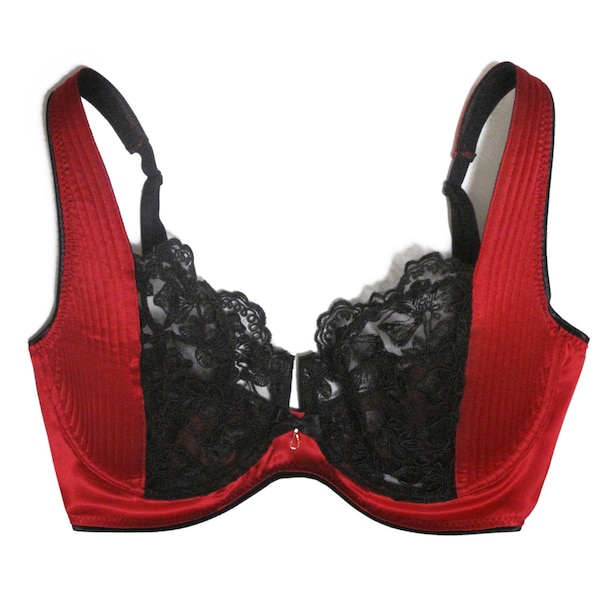 Lace bra in red spandex silk and black Calais Lace - Perfect for plus size