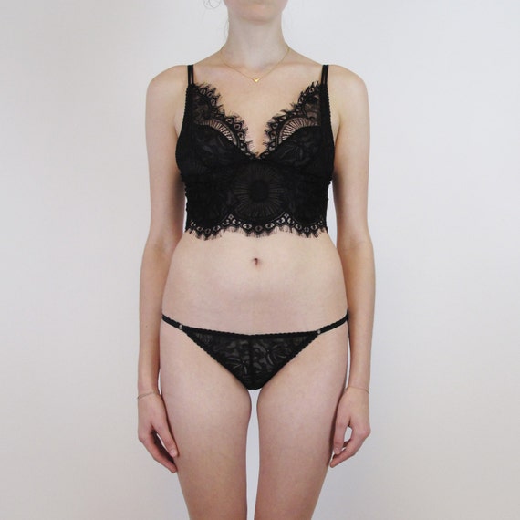 Black Lace Bralette & Transparent Panties Black Lace Set, Bralette