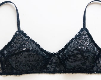 Black lace bralette in sequin mesh