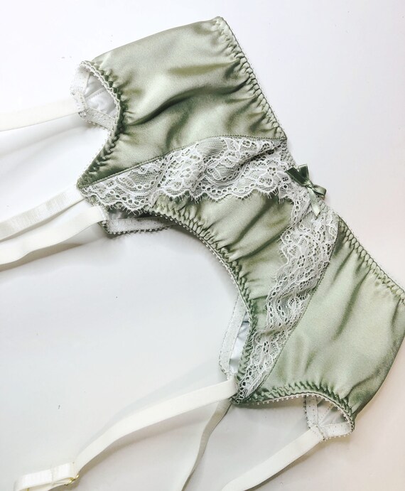 green garter belt Garter Belt - Green Garter Belt With Ivory Lace - Silk Garter Belt - Silk  Lingerie