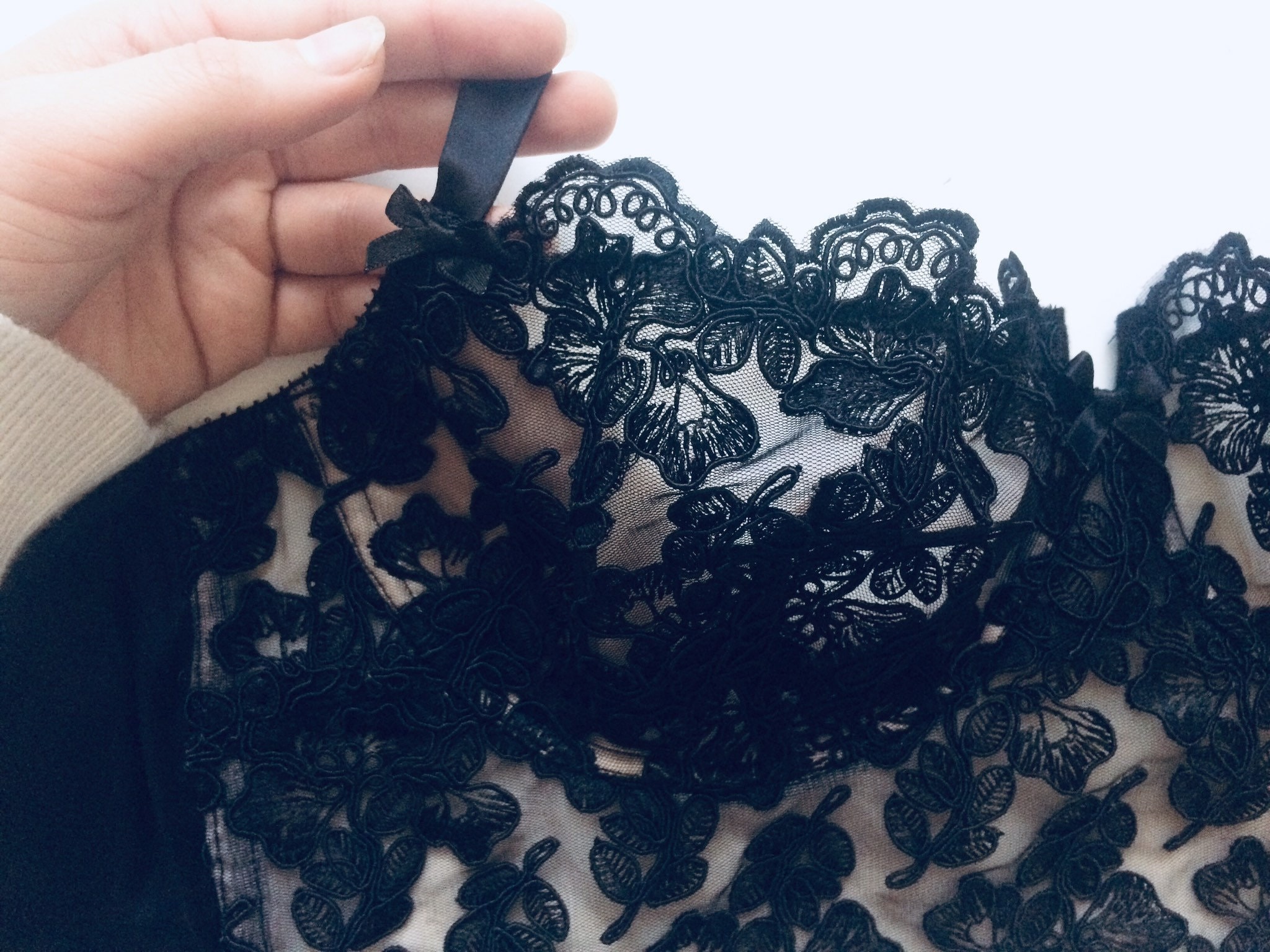 Black Lace Bra in White French Calais Lace and Nude Lining