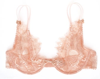 sheer bra - Pink bra in lace - pink bralette - soft cup bra - sheer strappy bra - pink lingerie - honeymoon lingerie - nude lingerie