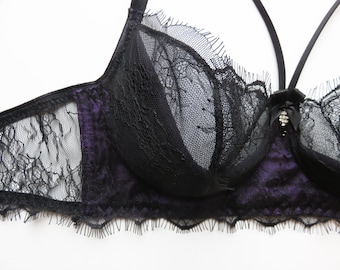 Lace and silk bra, purple silk and black Chantilly Lace