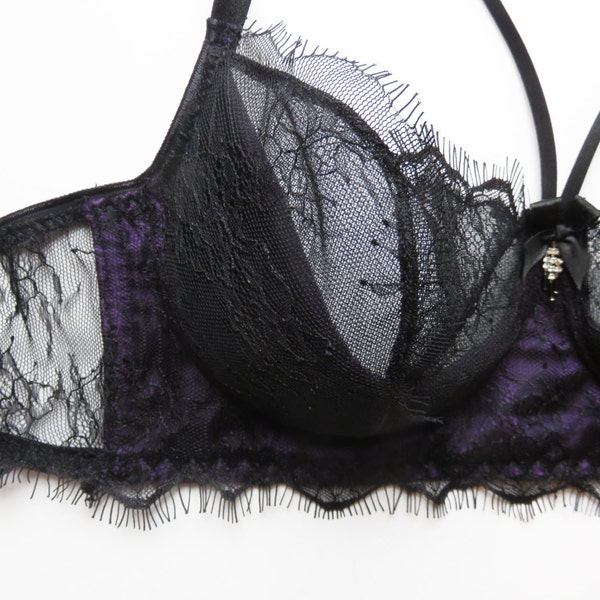 Lace and silk bra, purple silk and black Chantilly Lace