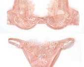 Lace bra and tanga set in powder pink colored Chantilly lace