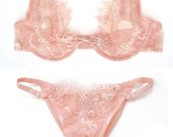 Conjunto de sujetador y tanga de encaje de encaje Chantilly color rosa empolvado