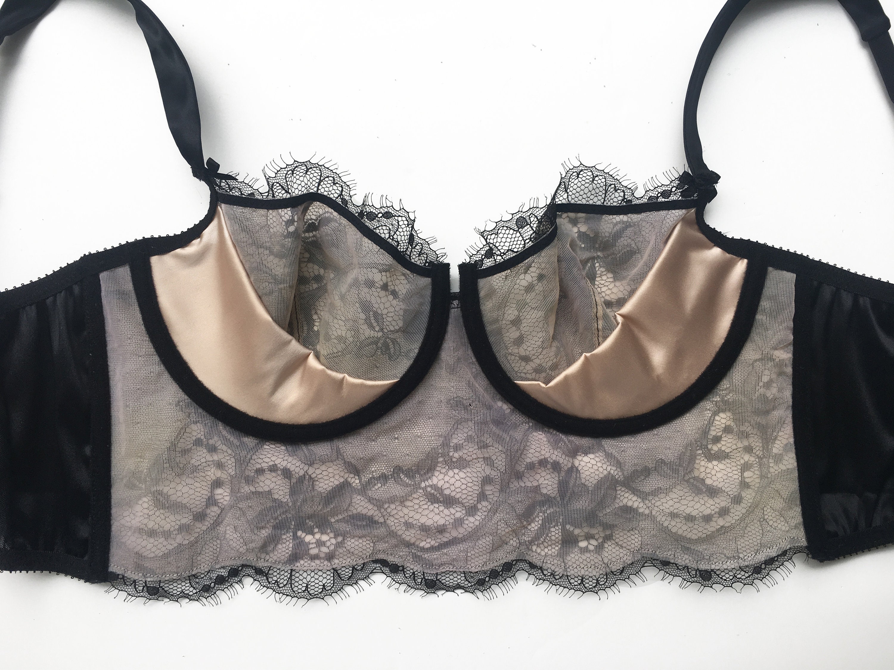Lace longline bra in black French Chantilly lace and nude lining