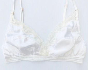 Brassière en soie blanche - Brassière à bonnets souples - Soutien-gorge triangle en soie stretch sans armatures - Brassière à bretelles