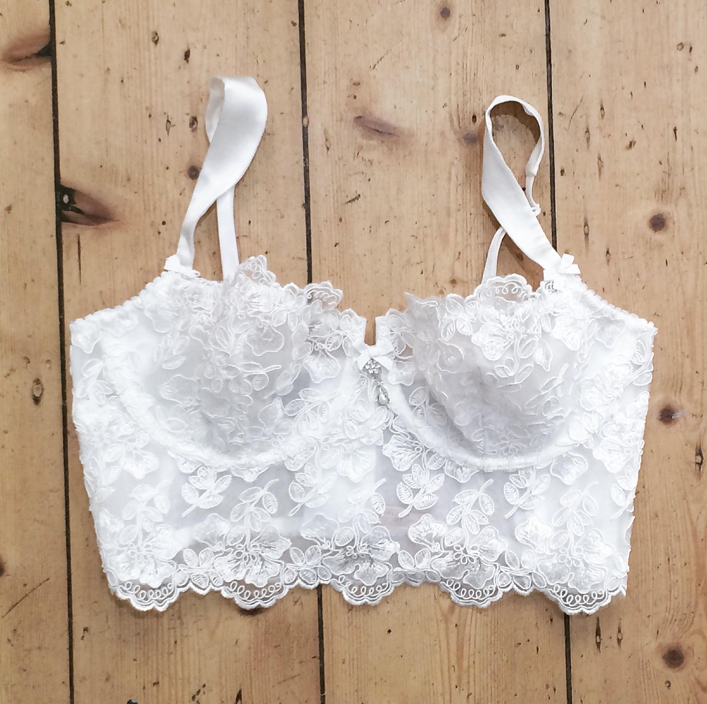 Black Lace Bra in White French Calais Lace and Nude Lining